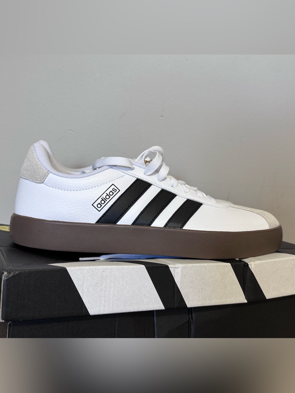 adidas White Sneakers with Black Stripes and Brown Sole